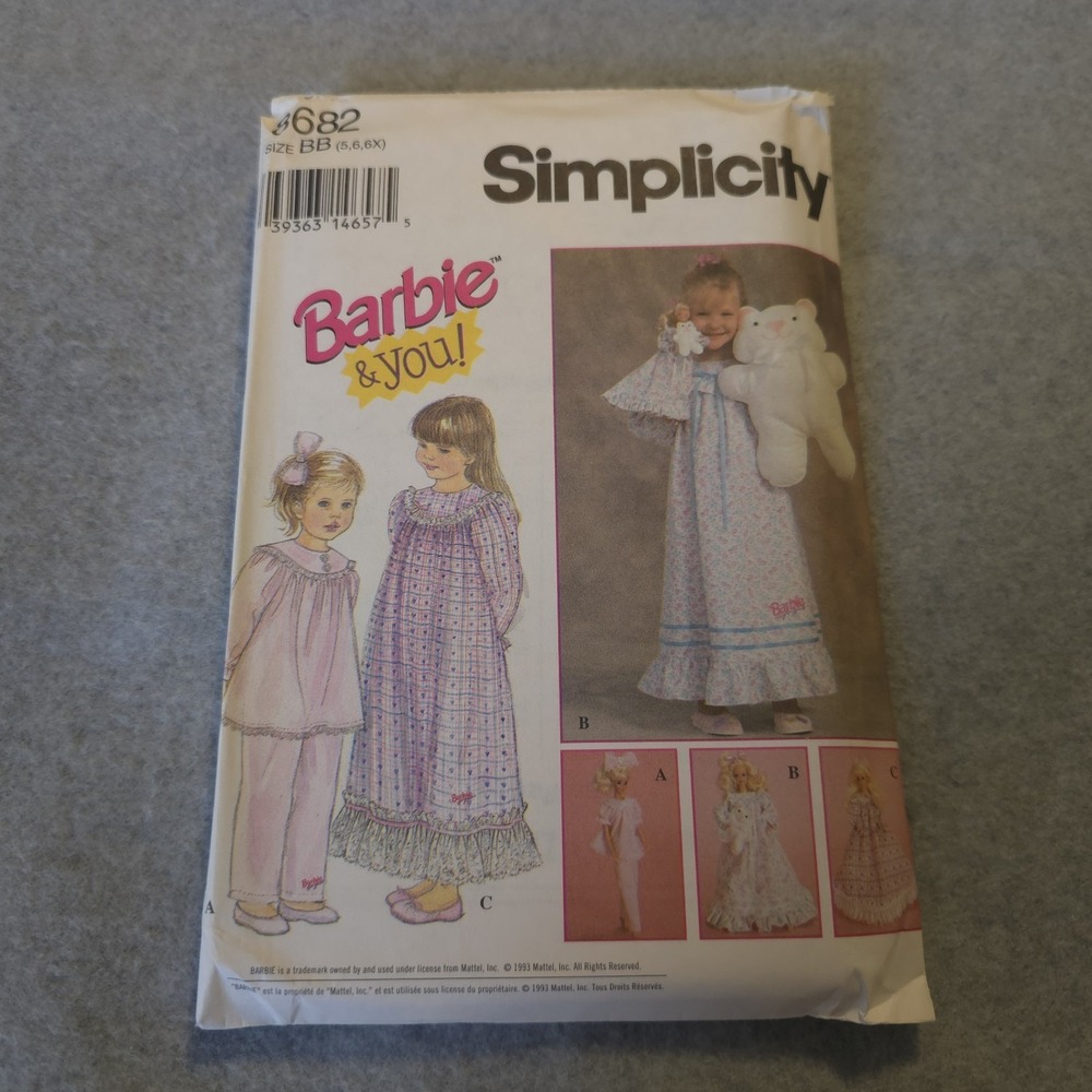 Simplicity 8682 Barbie & You Pajamas & Nightgown Pattern Girls & Doll Size BB...